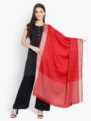 Mizash Women Fine Wool, Red Stripes with Border Designer Soft Warm Woven Shawl / Wrap 1