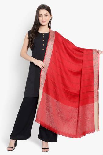 Mizash Women Fine Wool, Red Stripes with Border Designer Soft Warm Woven Shawl / Wrap