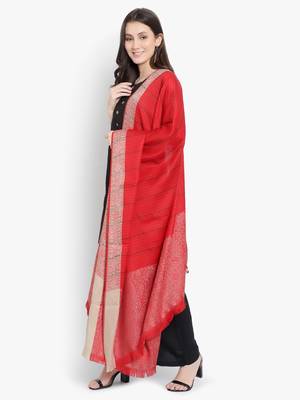 Mizash Women Fine Wool, Red Stripes with Border Designer Soft Warm Woven Shawl / Wrap 3