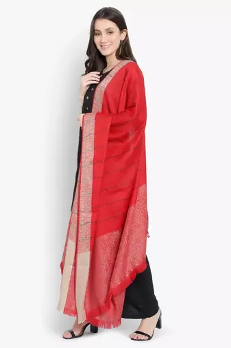 Mizash Women Fine Wool, Red Stripes with Border Designer Soft Warm Woven Shawl / Wrap