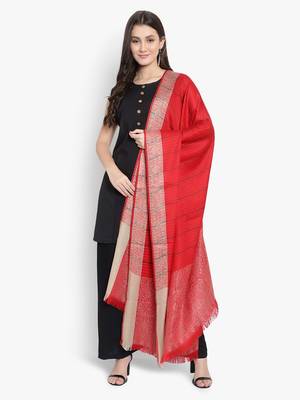 Mizash Women Fine Wool, Red Stripes with Border Designer Soft Warm Woven Shawl / Wrap 5