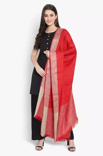 Mizash Women Fine Wool, Red Stripes with Border Designer Soft Warm Woven Shawl / Wrap