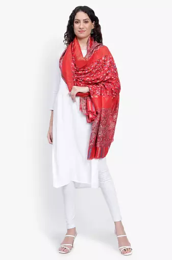 Women Fine Wool Kaani Jaal with zari Pashmins Red shawl