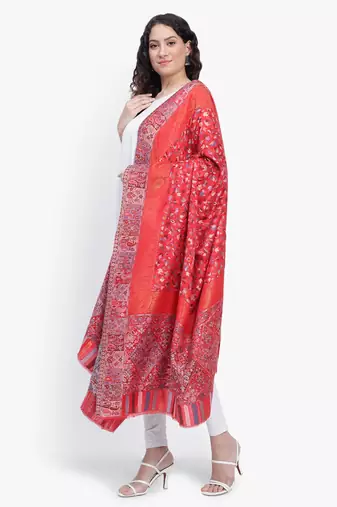 Women Fine Wool Kaani Jaal with zari Pashmins Red shawl