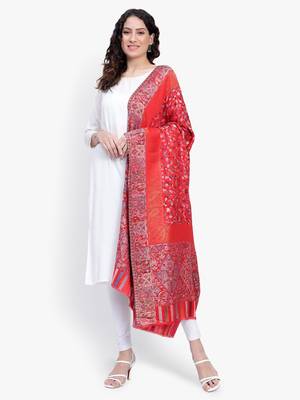 Women Fine Wool Kaani Jaal with zari Pashmins Red shawl 5