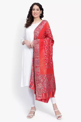Women Fine Wool Kaani Jaal with zari Pashmins Red shawl