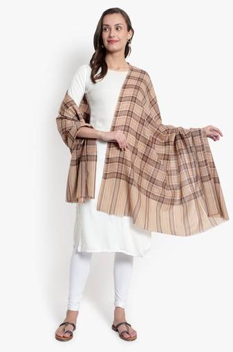 Mizash Women Fine Wool Designer Check Beige & Brown Shawl
