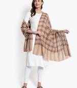 Mizash Women Fine Wool Designer Check Beige & Brown Shawl