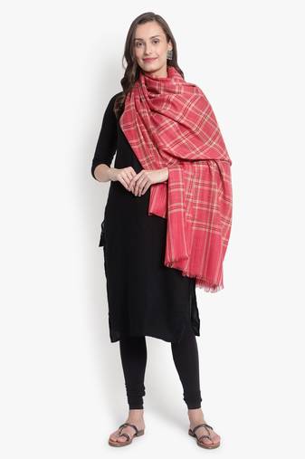 Mizash Women Fine Wool Pink Designer Check Shawl