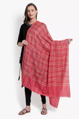 Mizash Women Fine Wool Pink Designer Check Shawl