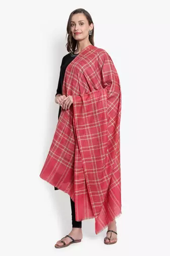 Mizash Women Fine Wool Pink Designer Check Shawl