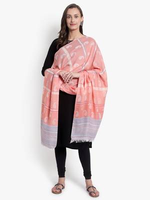 Mizash Women Fine Wool Peach Paisley with Stripes Designer Woven Shawl 1