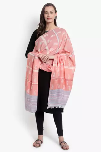 Mizash Women Fine Wool Peach Paisley with Stripes Designer Woven Shawl