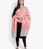 Mizash Women Fine Wool Peach Paisley with Stripes Designer Woven Shawl
