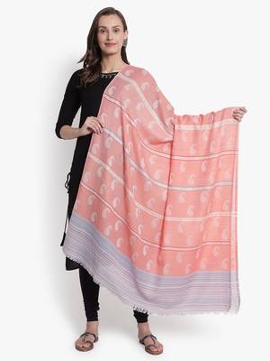 Mizash Women Fine Wool Peach Paisley with Stripes Designer Woven Shawl 2