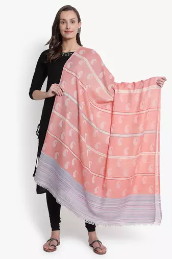 Mizash Women Fine Wool Peach Paisley with Stripes Designer Woven Shawl
