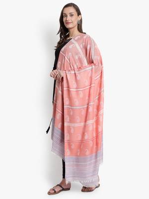 Mizash Women Fine Wool Peach Paisley with Stripes Designer Woven Shawl 3