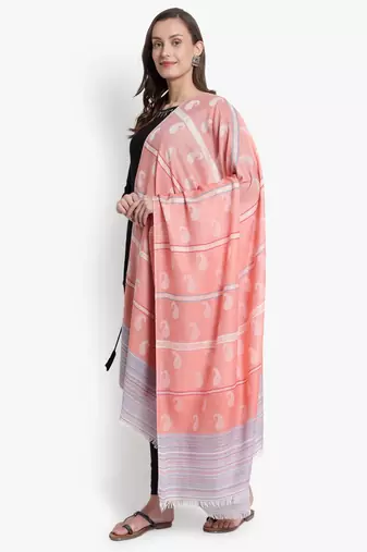 Mizash Women Fine Wool Peach Paisley with Stripes Designer Woven Shawl