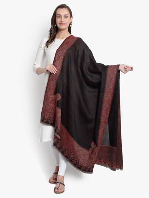 Mizash Women Fine Wool Black Stripes Paisley Designer Woven Soft Shawl 1