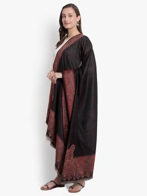 Mizash Women Fine Wool Black Stripes Paisley Designer Woven Soft Shawl 4
