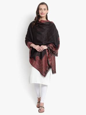 Mizash Women Fine Wool Black Stripes Paisley Designer Woven Soft Shawl 5