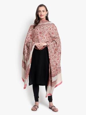 Mizash Women Fine Wool Beige Paisley Floral Designer Soft Woven Shawl 1