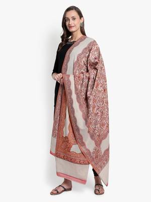Mizash Women Fine Wool Beige Paisley Floral Designer Soft Woven Shawl 3
