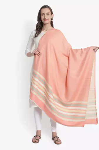 Mizash Women Fine Wool Peach Designer Stripes Soft Woven Shawl