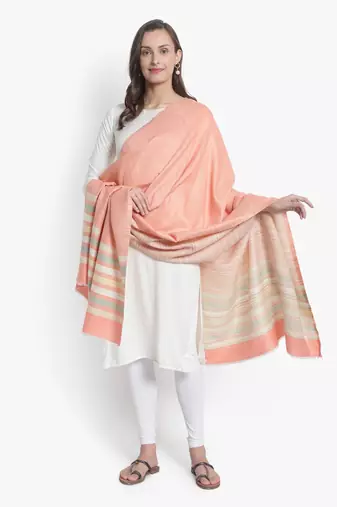 Mizash Women Fine Wool Peach Designer Stripes Soft Woven Shawl