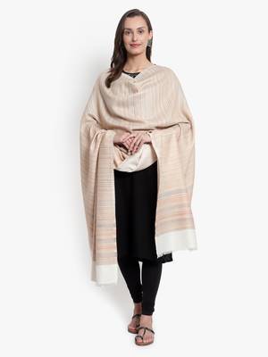 Mizash Women Fine Wool Cream Designer Stripes Soft Woven Shawl 1
