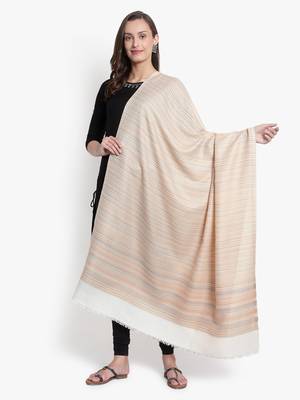 Mizash Women Fine Wool Cream Designer Stripes Soft Woven Shawl 2