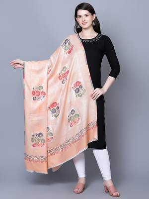 Women Fine Wool Peach Self texture with floral Motifs Jacquard woven desginer Shawl/ Wrap 1