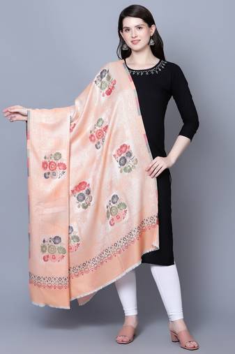 Women Fine Wool Peach Self texture with floral Motifs Jacquard woven desginer Shawl/ Wrap