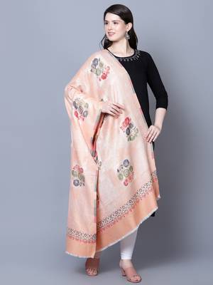 Women Fine Wool Peach Self texture with floral Motifs Jacquard woven desginer Shawl/ Wrap 2
