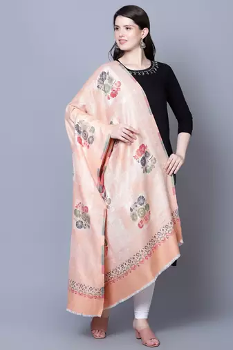 Women Fine Wool Peach Self texture with floral Motifs Jacquard woven desginer Shawl/ Wrap