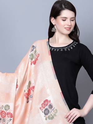 Women Fine Wool Peach Self texture with floral Motifs Jacquard woven desginer Shawl/ Wrap 3
