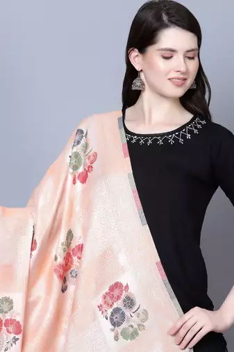 Women Fine Wool Peach Self texture with floral Motifs Jacquard woven desginer Shawl/ Wrap