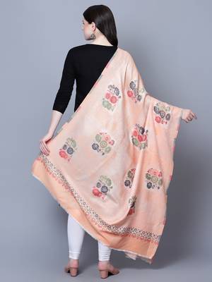 Women Fine Wool Peach Self texture with floral Motifs Jacquard woven desginer Shawl/ Wrap 4