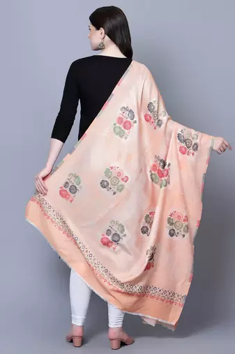 Women Fine Wool Peach Self texture with floral Motifs Jacquard woven desginer Shawl/ Wrap
