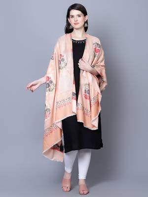 Women Fine Wool Peach Self texture with floral Motifs Jacquard woven desginer Shawl/ Wrap 5