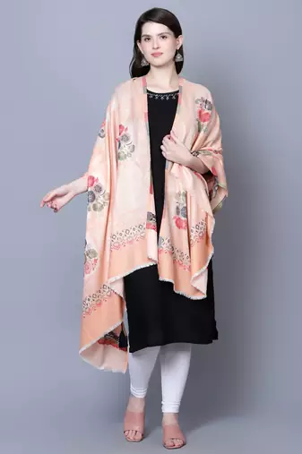 Women Fine Wool Peach Self texture with floral Motifs Jacquard woven desginer Shawl/ Wrap