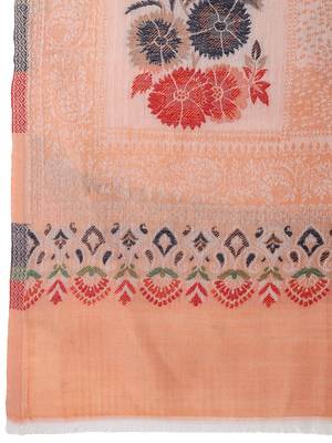 Women Fine Wool Peach Self texture with floral Motifs Jacquard woven desginer Shawl/ Wrap 6