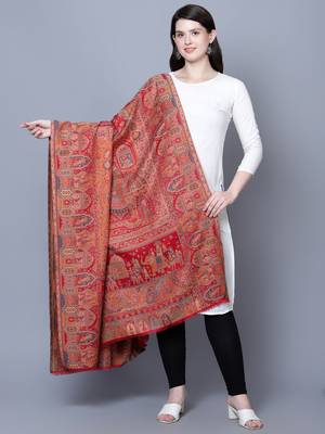 Women Fine Wool Mughal Darbar Kaani Jaal Pashmina Red Shawl 1