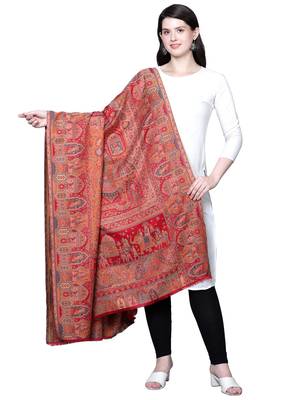 Women Fine Wool Mughal Darbar Kaani Jaal Pashmina Red Shawl 3