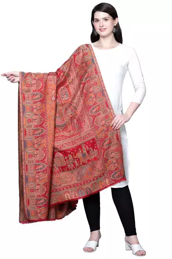 Women Fine Wool Mughal Darbar Kaani Jaal Pashmina Red Shawl