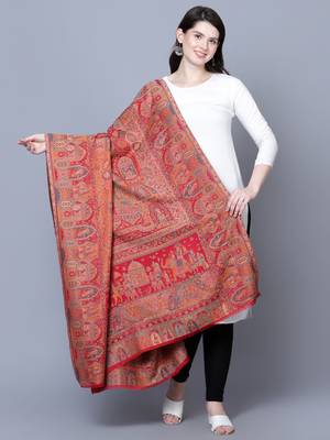 Women Fine Wool Mughal Darbar Kaani Jaal Pashmina Red Shawl 4
