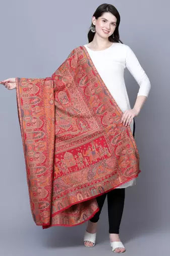Women Fine Wool Mughal Darbar Kaani Jaal Pashmina Red Shawl