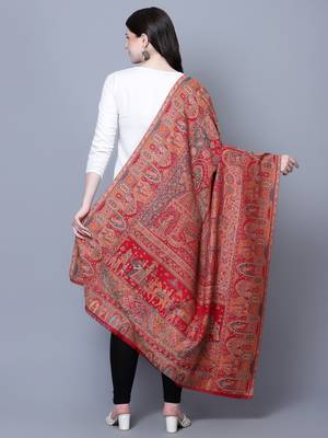 Women Fine Wool Mughal Darbar Kaani Jaal Pashmina Red Shawl 5