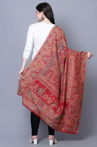 Women Fine Wool Mughal Darbar Kaani Jaal Pashmina Red Shawl