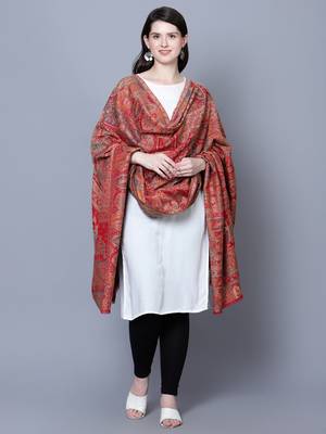 Women Fine Wool Mughal Darbar Kaani Jaal Pashmina Red Shawl 6